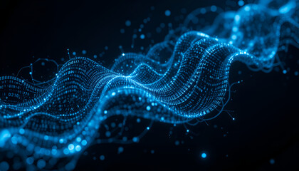 Abstract blue light data stream flows against a dark background, representing digital information and technology innovation.