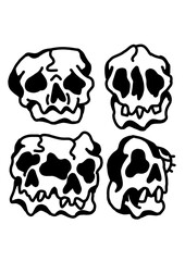 Four stylized skull illustrations with rough, hand-drawn outlines. Macabre art