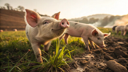 Happy piglet in idyllic pasture, golden hour light, farm animals, rural scene, springtime.