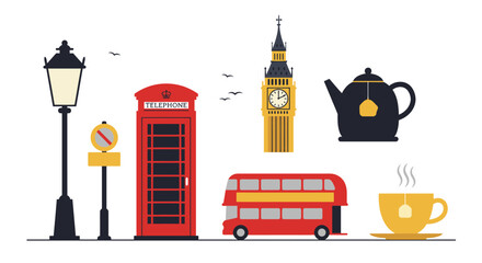 Illustration of iconic London symbols: a red telephone box, double-decker bus, Big Ben, teapot, teacup, and a street lamp.