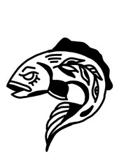 Stylized fish illustration with leaf accents. Nautical, nature-inspired design