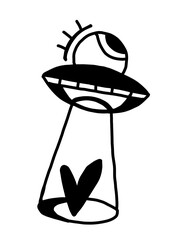 Cute alien eye in a UFO beaming down a heart. Whimsical, quirky illustration