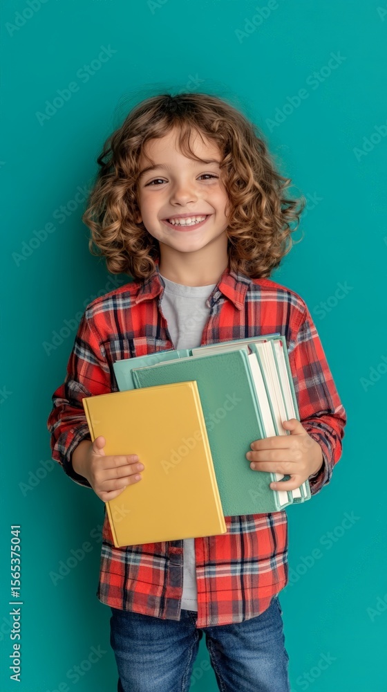 Poster portrait of a cheerful student holding colorful textbooks, ready for the new school year, embracing 
