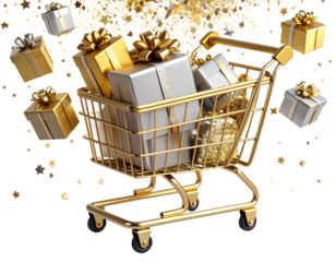 Golden Shopping Cart Full of Stylish Gifts and Sparkles, Transparent Background