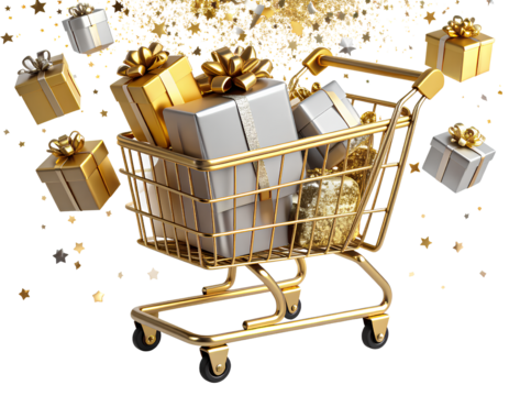 Golden Shopping Cart Full of Stylish Gifts and Sparkles, Transparent Background