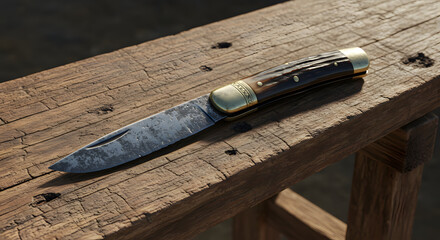Pocket knife on rustic workbench