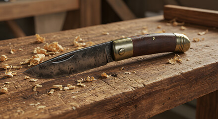 Pocket knife on rustic workbench
