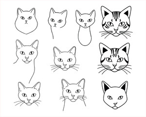 Collection of Simple Line Art Cat Head Illustrations, This set of nine illustrations showcases various cat head designs in a clean, simple line art style.
