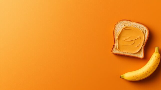 A detailed studio shot of a classic peanut butter and banana toast, isolated against a soft brown background to highlight its creamy texture and rich color contrast