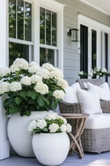 Fototapeta premium Bright and calming porch decorated with white hydrangeas and cozy seating for relaxation during a sunny afternoon in a charming neighborhood