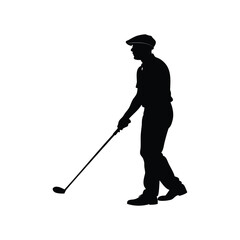 Silhouette of a golfer walking on the green, holding a club