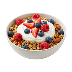 Granola with yogurt and berries in a bowl, featuring strawberries, raspberries, and blueberries for breakfast on transparent background