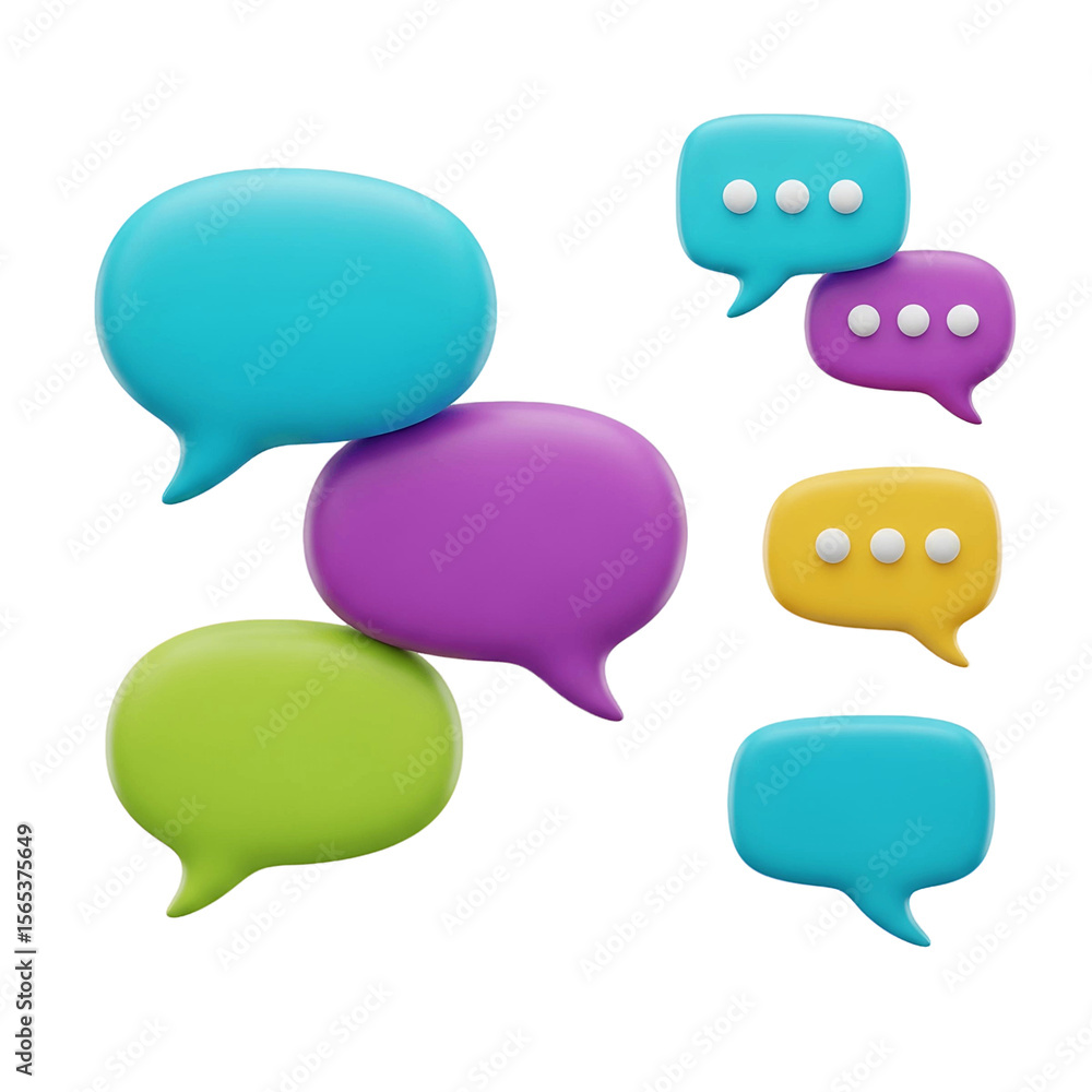Poster colorful speech bubbles stacked and floating with ellipses indicating messaging and communication on