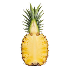 A halved pineapple with green leaves showing the juicy yellow flesh inside the tropical fruit close up view on transparent background