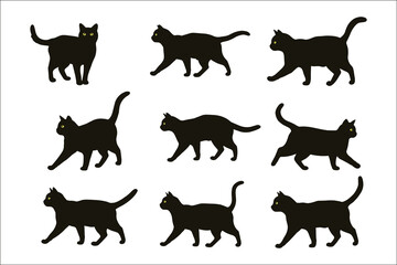 Black Cat Silhouettes in Various Walking Positions, A set of nine black cat silhouettes, each in a different walking position.