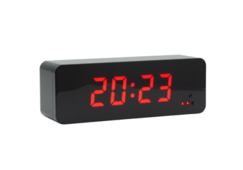 Rectangular dark grey digital LED clock displaying '20:23' in vivid red LED digits with a subtle glow, isolated on a seamless transparent studio background with ample negative space for commercial