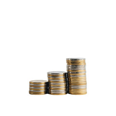 Three stacks of gold and silver coins arranged in ascending order on a plain setting space on transparent background