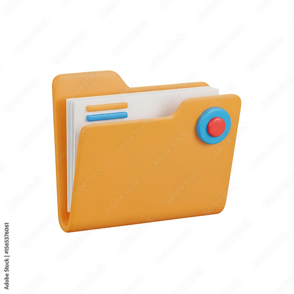 Aufkleber rendered illustration of an open orange folder with documents and a circular button element on trans