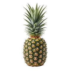 Isolated pineapple fruit with green leaves and textured rind against a solid backdrop view on transparent background