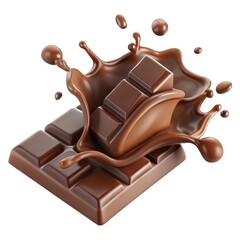 Delicious chocolate bar splash with liquid chocolate isolated on white background