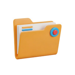 Rendered illustration of an open orange folder with documents and a circular button element on transparent background