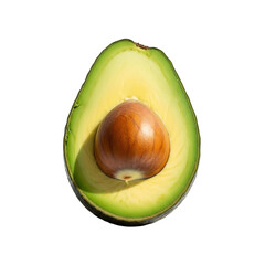 A halved avocado with its pit intact showing its green flesh and brown seed in isolation view on transparent background