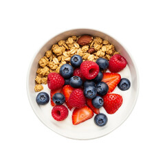 Granola with yogurt and mixed berries in a bowl viewed from above showing a healthy breakfast treat on transparent background