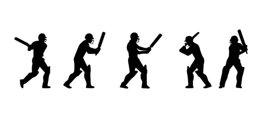 A black and white, sequential image depicting the various phases of a cricket batting action vector set.