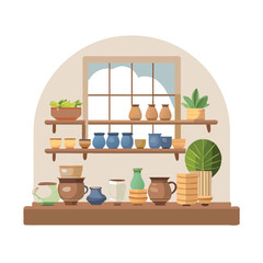 Charming handmade pottery store showcasing an artistic background vector art design 