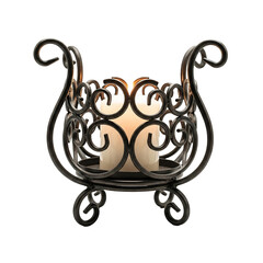 Illuminated wax column inside ornate metal candle holder with reflective base and decorative swirls design on transparent background