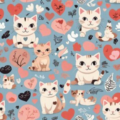 Cute cartoonstyle pattern of cats  hearts on a light blue background