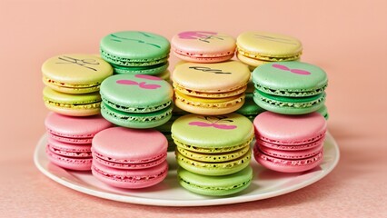 Fototapeta premium Mixed Colorful Macarons on White Plate with Pink Background