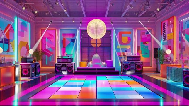 Vibrant 1980s Retro DJ Setup with Neon Lights, Turntables, and Vintage Audio Equipment for Music and Party Themes.