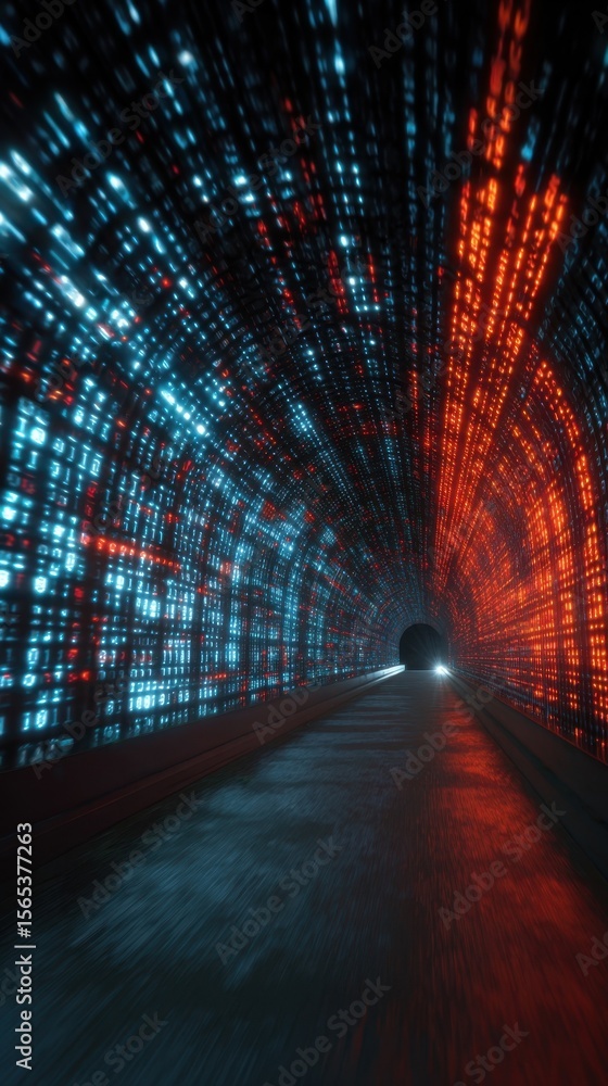 Poster captivating tunnel portal scene with vibrant matrix data flow conveying a sense of speed and technol