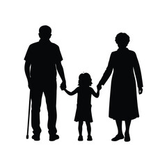 Silhouette of a family, grandparents holding hands with a child