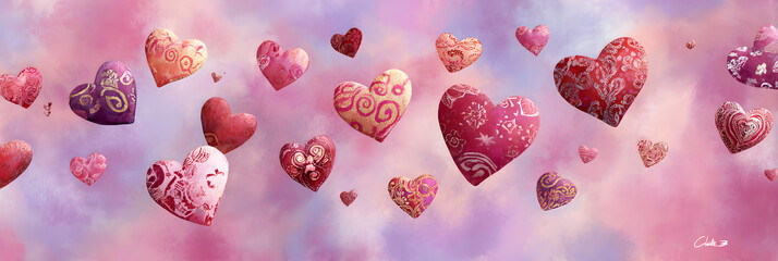 Ethereal Dance of Valentine's Day Hearts: A Whimsical Display of Love, Romance, and Warmth in Soft Hues and Intricate Patterns, Enchanting Essence of Affection and Passion