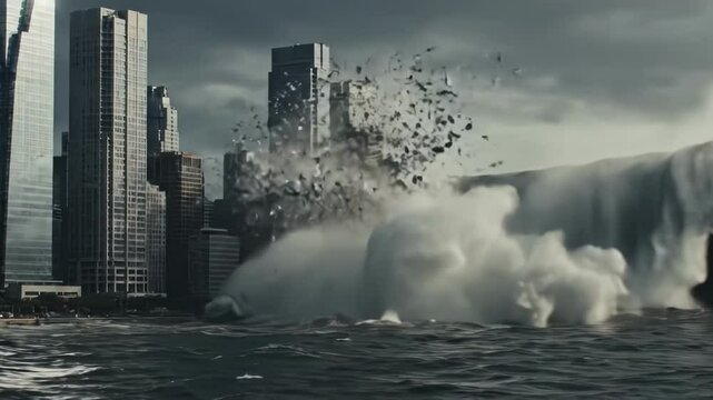 Mega tsunami hitting coastal city cataclysm apocalypse Armageddon 