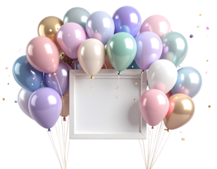 Happy Birthday Greeting with Balloon Cluster and Blank Photo Frame, Transparent png