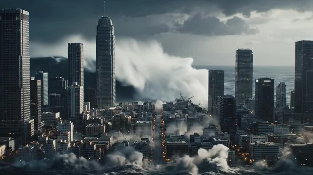 Mega tsunami hitting coastal city cataclysm apocalypse Armageddon 