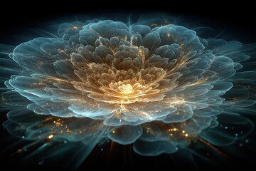 Fototapeta premium Fractal Bloom Expands Radiantly with Glowing Core and Turquoise Golden Light Patterns