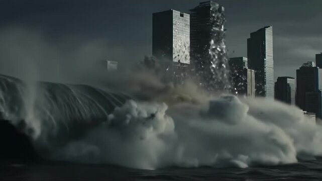 Mega tsunami hitting coastal city cataclysm apocalypse Armageddon 