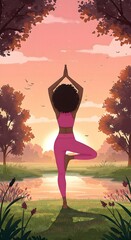 Woman Practicing Yoga at Sunrise &ndash; Peaceful Wellness Illustration