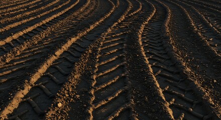 Deep tractor tire tracks on dark brown soil with strong directional lighting and long shadows