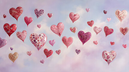 Ethereal Dance of Valentine's Day Hearts: A Whimsical Display of Love, Romance, and Warmth in Soft Hues and Intricate Patterns, Enchanting Essence of Affection and Passion