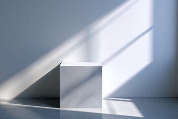 Minimalist Presentation: white cube stands illuminated by stark sunlight in clean space