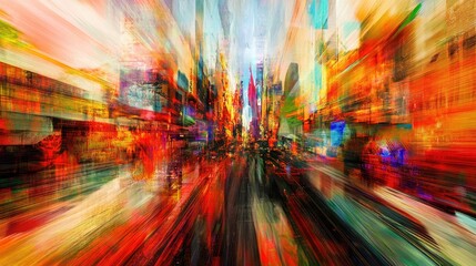 Vibrant city street scene, painted with dynamic brushstrokes.