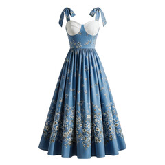 Blue floral dress with tie straps isolated on transparent background