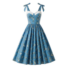 Blue floral dress with white trim isolated on transparent background