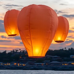 Obraz premium Three illuminated sky lanterns ascend at sunset over a coastal town