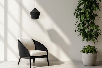 Modern minimalist interior design with armchair, plant, and pendant lamp. Sunlight streams through a window, casting shadows on the wall